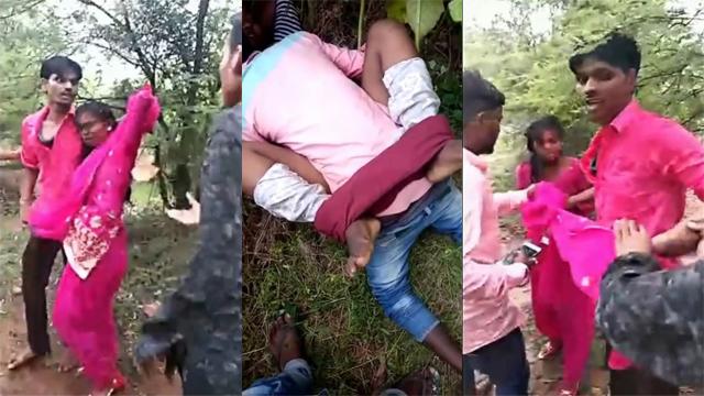 Desi Lovers hiding in jungle caught by village people & fucks